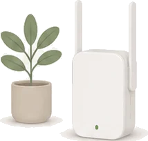 a wi-fi extender plugged in beside a potted plant