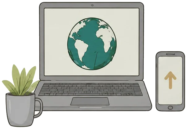 a laptop showing a globe, a plant in a mug and a phone with an upload arrow