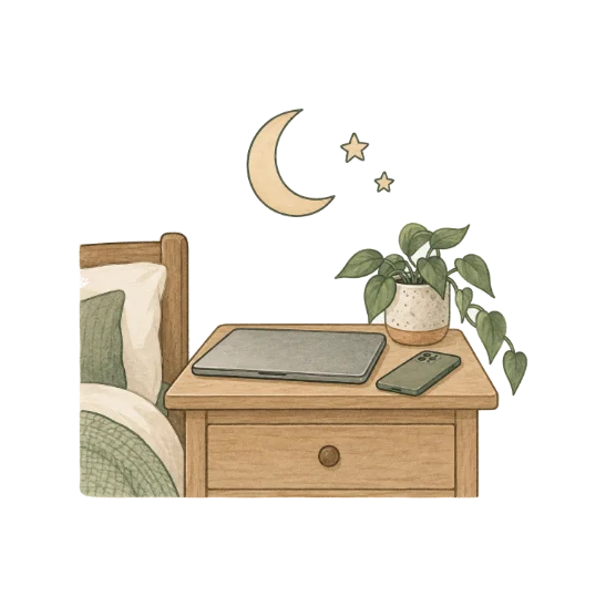 a bedside table with a closed laptop and a phone lying face down, a trailing houseplant, and a crescent moon and two stars above