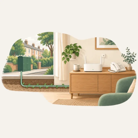 a cosy living room with a router and home phone on a wooden sideboard, and a fibre cable with small leaves running underground from a green street cabinet outside