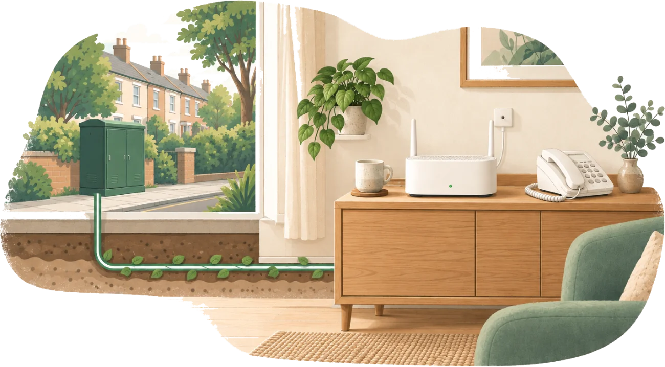 a cosy living room with a router and home phone on a wooden sideboard, and a fibre cable with small leaves running underground from a green street cabinet outside