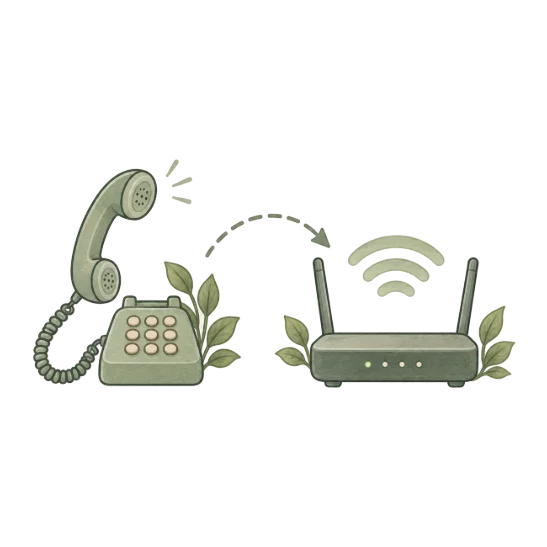 an old corded telephone on the left and a modern router on the right, with a dashed arrow curving from one to the other and leaves behind both