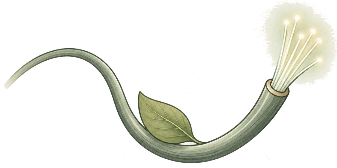 a single fibre-optic cable curving across the frame, its cut end fanning into glowing strands, with a leaf resting in the curve