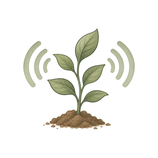 a young plant growing from a mound of soil with soft signal arcs curving up on either side