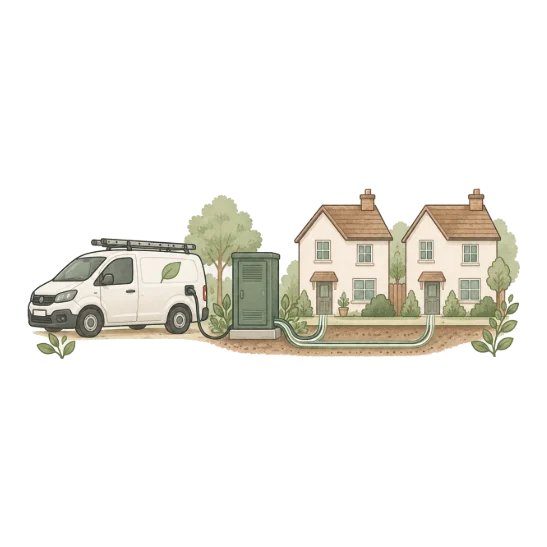 a white engineer’s van with a leaf on its side plugged into a green street cabinet, with fibre running underground to two houses