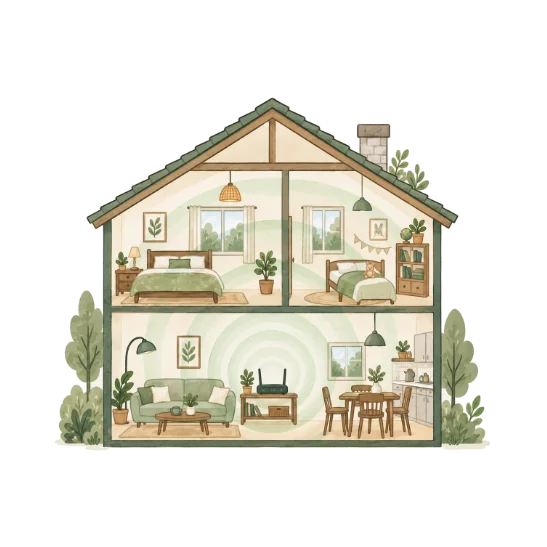 a cutaway of a two-storey house with the router on a shelf in the middle of the ground floor and signal spreading evenly through every room