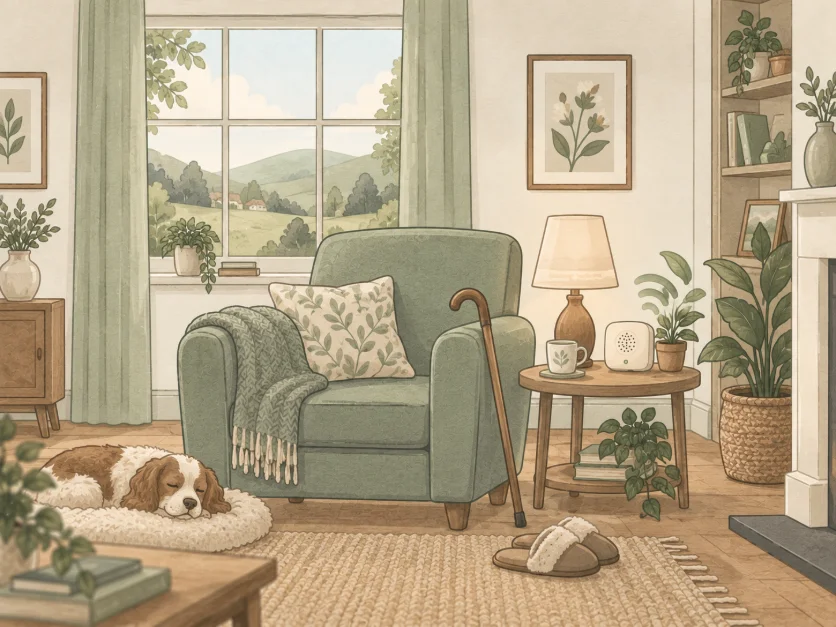 a sitting room with an armchair, a blanket over the arm, a walking stick, and a small alarm base unit on the side table beside a lamp