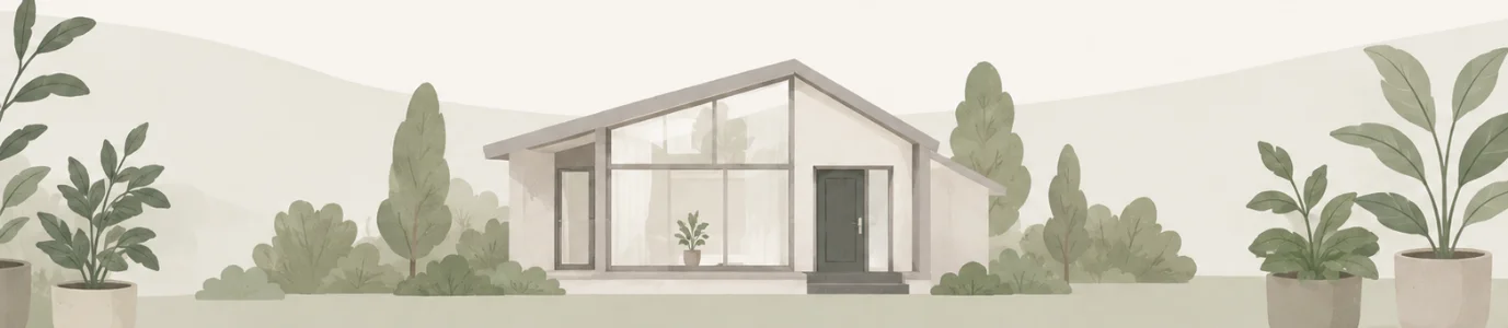 a soft watercolour illustration of a modern single-storey house surrounded by trees, shrubs and potted plants