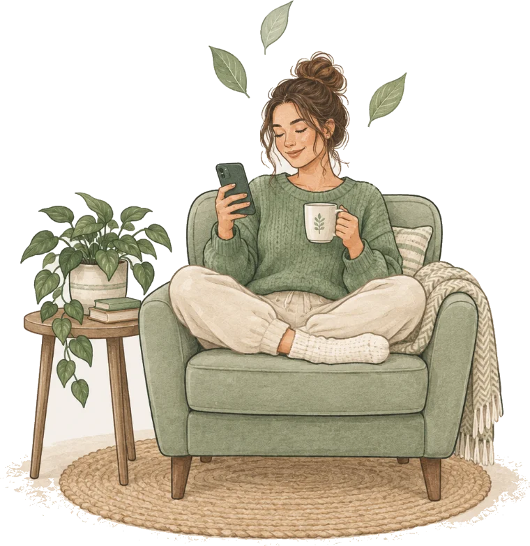 a woman sitting cross-legged in an armchair with her phone and a mug of tea, a houseplant on the table beside her