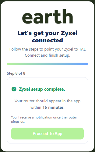 My Earth Broadband App - select my router final step screen