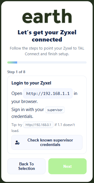 My Earth Broadband App - select my router steps screen